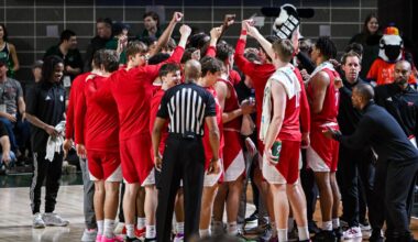 Miami Men's Basketball locker room celebration after win at Ohio