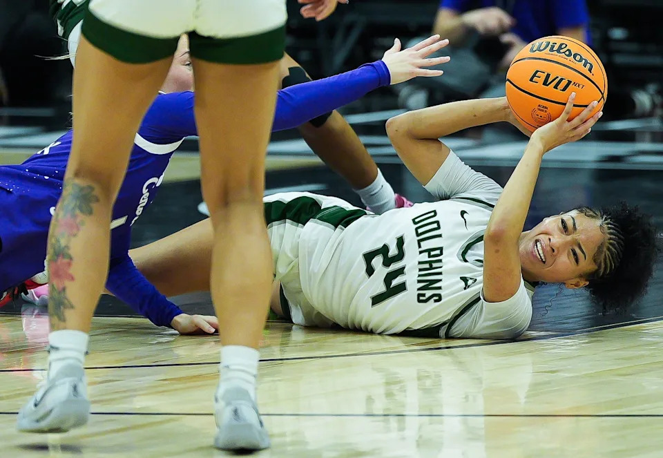 Jacksonville Dolphins guard Makiya Miller (24) comes up a with a loose ball during the fourth period in the women’s ASUN semifinal against Jacksonville University and Central Arkansas at the VyStar Veterans Memorial Arena in Jacksonville, Fla. Saturday March 7, 2026. JU defeated Central Arkansas 67-58. [Doug Engle/Florida Times-Union]