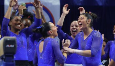 during the Gators' meet against the LSU Tigers on Sunday, March 8, 2026 at Exactech Arena at the Stephen C. O'Connell Center in Gainesville, FL / UAA Communications photo by Hannah White