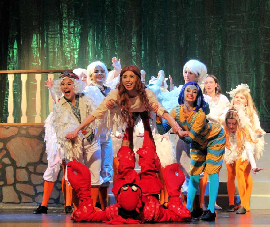 The mermaid's 'Got Legs' with Sebastian (Noah Rodriguez), Flounder (Isa Scala) , Scuttle (Alexa Careccia) and the Gulls on the beach.