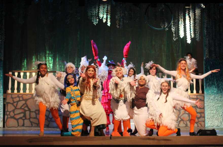 Flounder (Isa Scala), Ariel (Katt Torres), Scuttle (Alexa Careccia) and the Gulls on the beach.