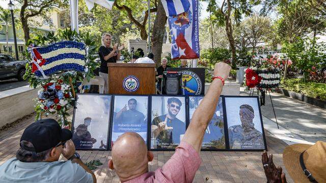 Maritza Lugo Fernandez speaks to supporters during a Proof of Life of Our Brothers ceremony at the Bay of Pigs Monument in the Little Havana area of Miami, Florida, on Sunday, March 8, 2026. Cuban dissident groups held a press conference to demand repatriation of the bodies of the men killed in the shootout with the Cuban Coast Guard on Sunday, March 8, 2026. They also demanded that the U.S. citizens involved in the incident be allowed to speak to U.S. diplomatic employees.