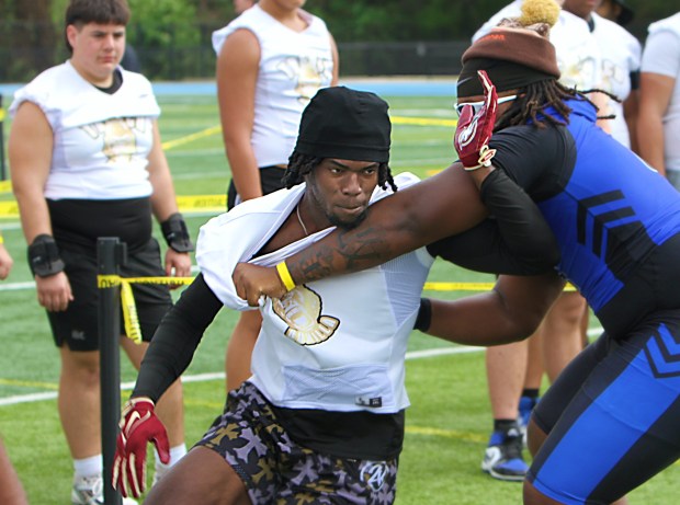 TFA 2027 defensive end Justin Kemp at the 2026 Orlando 24K Trench Gorillas 5v5 Tournament at TFA, March 14, 2026. (Chris Hays/Orlando Sentinel)