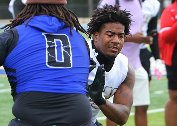 Edgewater 2027 linebacker Jamarcus Tanner at the 2026 Orlando 24K Trench Gorillas 5v5 Tournament at TFA, March 14, 2026. (Chris Hays/Orlando Sentinel)