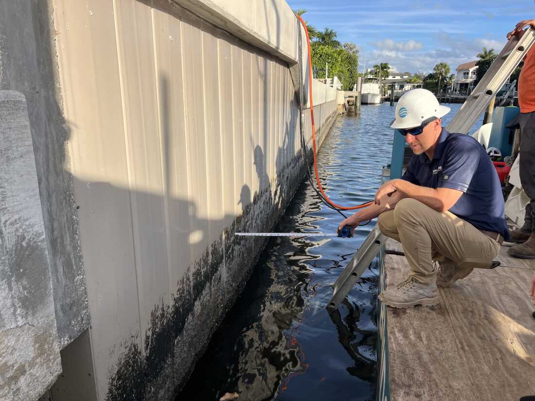 Arthur Tiedeman measures the distance between scumline and the seawall's top to determine where to put the planters.
