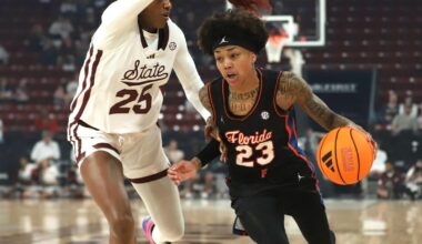 Liv McGill, Laila Reynolds, Jade Weathersby, KN'isha Godfrey, Me'Arah O'Neal huddling against No. 3 South Carolina