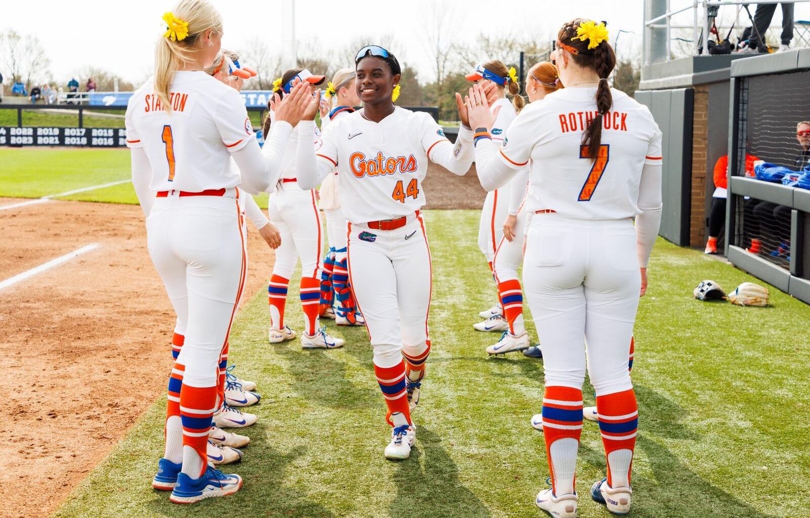 The Florida softball team celebrates after a win over Kentucky