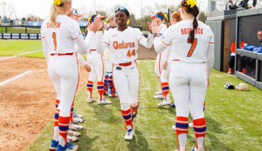 The Florida softball team celebrates after a win over Kentucky