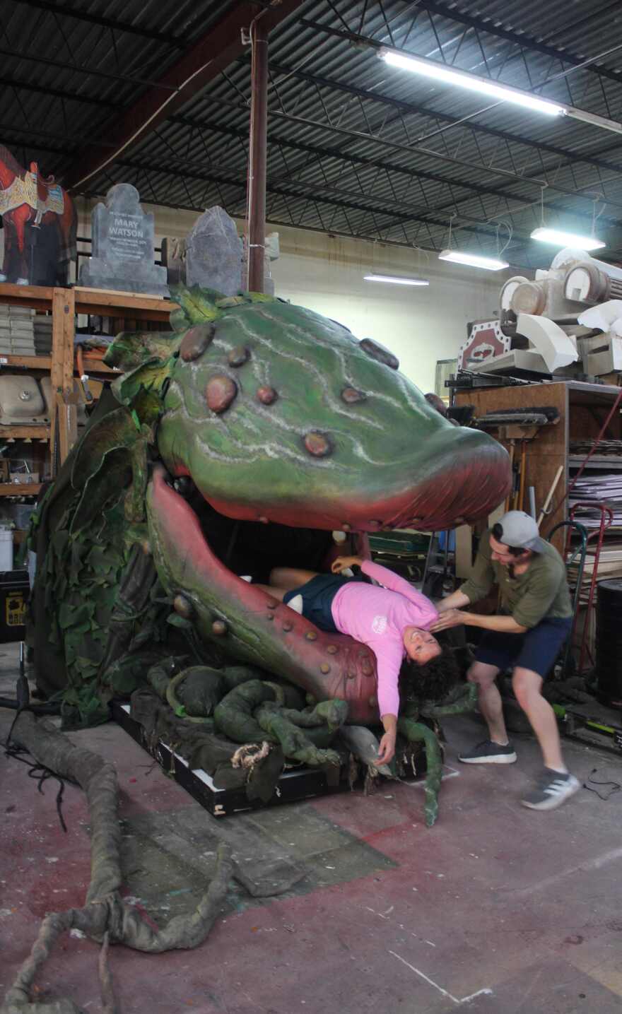 Cassidy Stoner finds herself in the mouth of the beast during scene shop rehearsal on March 6.