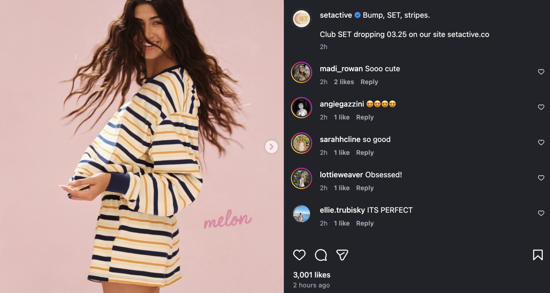 screenshot of an Instagram post showing a long-haired woman wearing a striped shorts and long-sleeve set. Comments on the right express excitement for the clothing