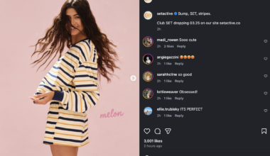 screenshot of an Instagram post showing a long-haired woman wearing a striped shorts and long-sleeve set. Comments on the right express excitement for the clothing
