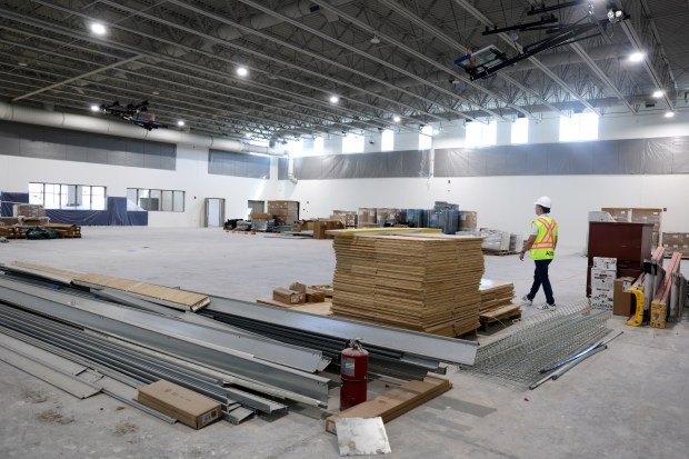 Inside the gymnasium at James S. Rickards Middle School in Fort Lauderdale, construction continues on Thursday, March 19, 2026. Five years after a roof collapse destroyed the campus, the project is still a long way from providing a replacement building. (Carline Jean/South Florida Sun Sentinel)