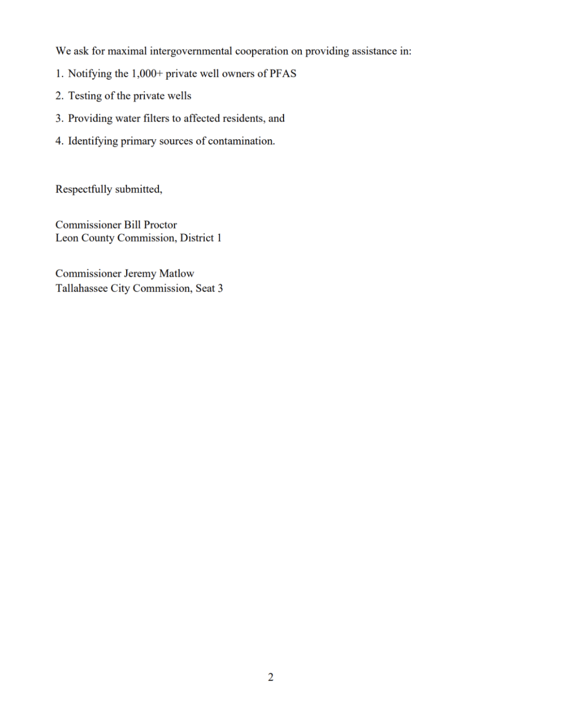 Letter regarding PFAS levels