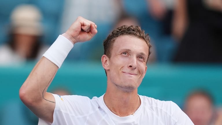 Jiri Lehecka of the Czech Republic celebrates after winning a...
