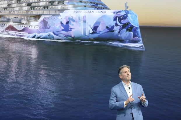 Norwegian Cruise Line President Marc Kazlauskas speaks ahead of the Norwegian Luna christening ceremony at PortMiami on Friday, March 27, 2026. (Richard Tribou/Orlando Sentinel)