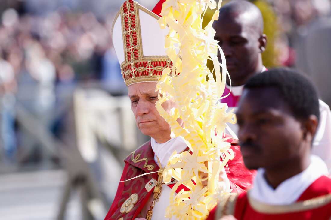 Pope Leo XIV presides over Palm Sunday Mass in St. Peter's Square at the Vatican, Sunday, March 29, 2026.