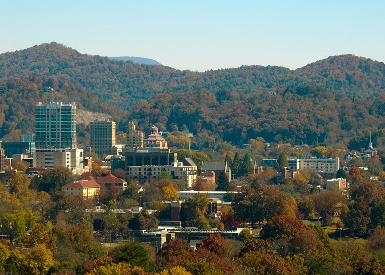 An aerial view of Asheville city in North Carolina, USA.