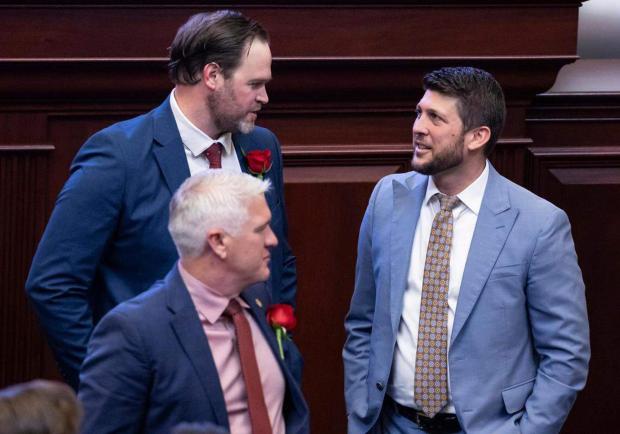 Alex Andrade, R- Pensacola, and Florida Attorney General James Uthmeier talk during the first day of the legislative session at the Florida State Capitol on March 4, 2025, in Tallahassee, Florida. (Matias J. Ocner/Miami Herald/TNS)