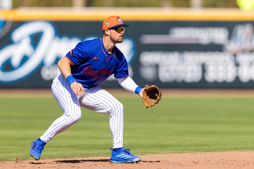 New York Mets shortstop Jackson Cluff is on the field in the sixth inning against the St. Louis Cardinals during Spring Training at Clover Field, Wednesday, Feb. 25, 2026, in Port St. Lucie