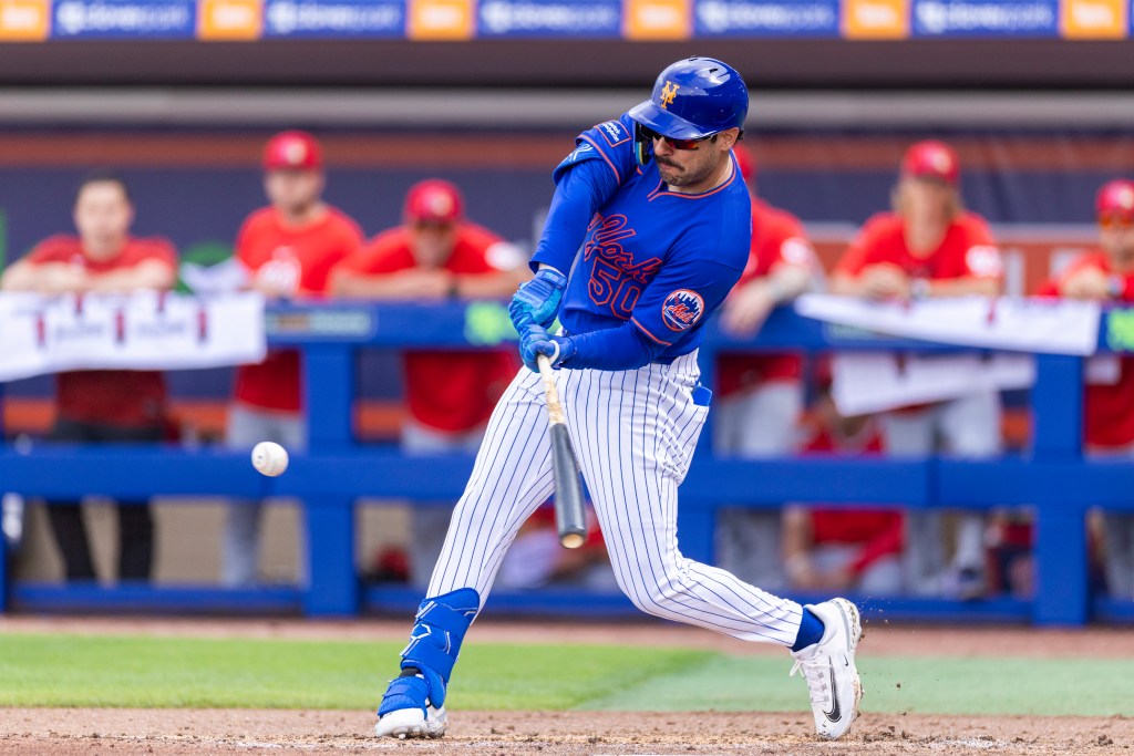 New York Mets Mike Tauchman hits a double in the third inning against the Washington Nationals during Spring Training Clover Field, Saturday, Feb. 28, 2026, in Port St. Lucie, FL. 