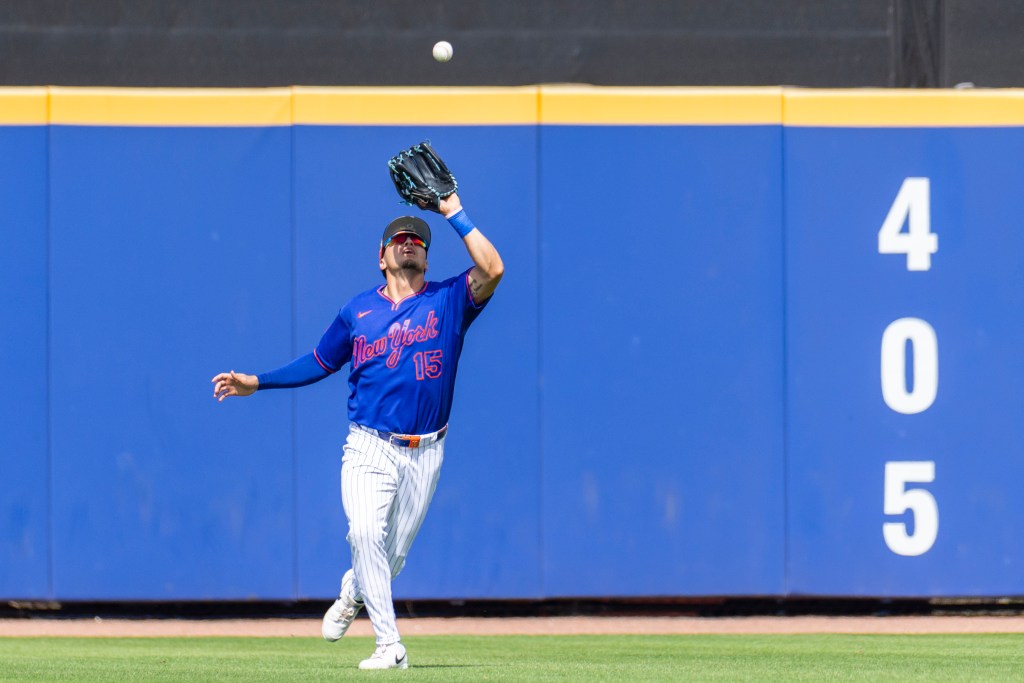 New York Mets Outfielder Tyrone Taylor (15) catches a sacrifice fly hit by Nationals Andres Chaparro in the fourth inning during Spring Training Clover Field, Saturday, Feb. 28, 2026.