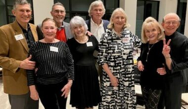 FOL members John and Barbara Marshall, Vic DiGenti (former FOL Board president) and Evanne DiGenti, John and Estes Carns and Charlene and Bill Maroney enjoy the evening.