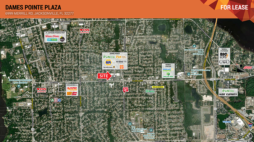 The Shopping Center Group represents the landlord in leasing Dames Pointe Plaza at 6999 Merrill Road, where Publix owns its separate property at 7117 Merrill Road. Dames Pointe Plaza tenants include NAPA, Lift 365 Fitness and Hibbett Sports.