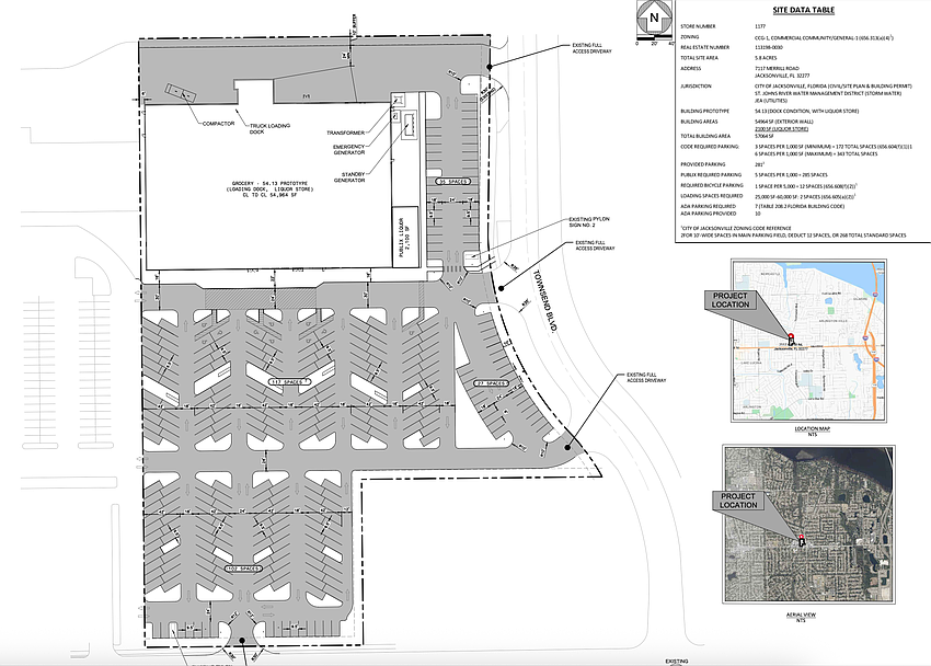 A master site plan filed with city utility JEA for the Publix at Merrill Road and Townsend Boulevard shows the supermarket would build an almost 55,000-square-foot store and a 2,100-square-liquor store to replace its existing supermarket and liquor store there.