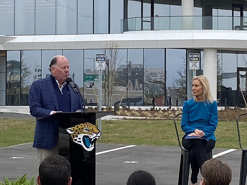Jacksonville Jaguars President Mark Lamping and Jacksonville Mayor Donna Deegan spoke March 25 at the ceremonial opening of the team's headquarters at One Tower Court.