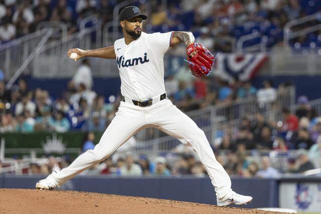 Miami Marlins pitcher Sandy Alcantara (22) pitches against the Colorado Rockies in the third inning of their MLB game at loanDepot park on Friday, March 27, 2026, in Miami, Fla.