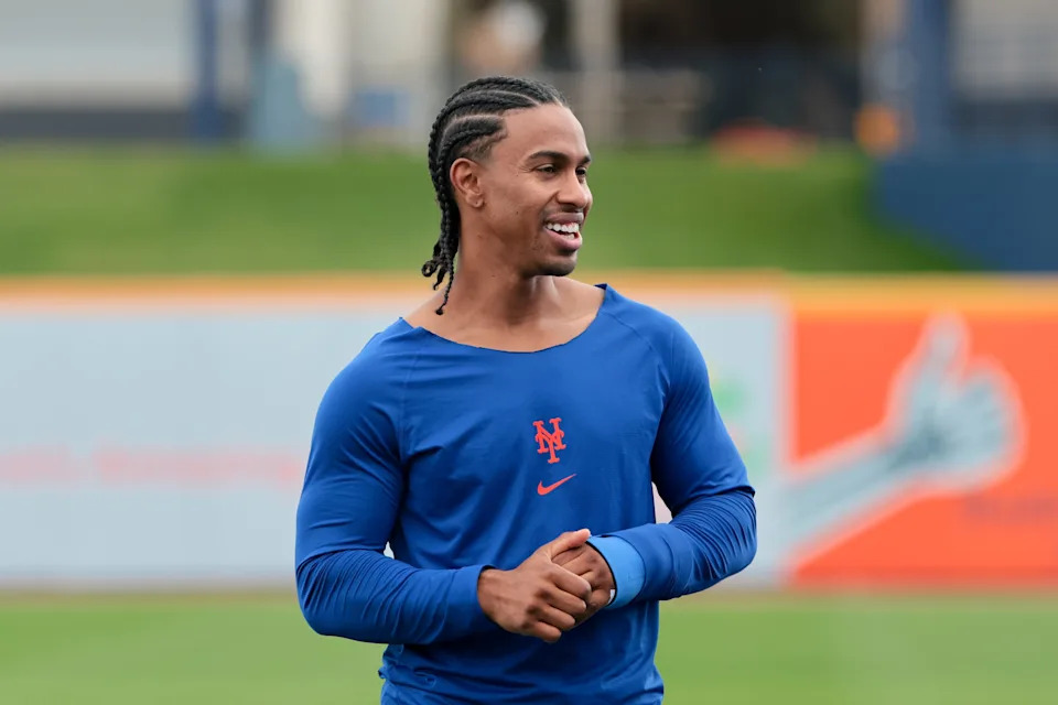 Feb 17, 2026; Port St. Lucie, FL, USA; New York Mets infielder Francisco Lindor (12) speaks to bench coach Kai Correa (not pictured) during spring training at Clover Park. Mandatory Credit: Sam Navarro-Imagn Images