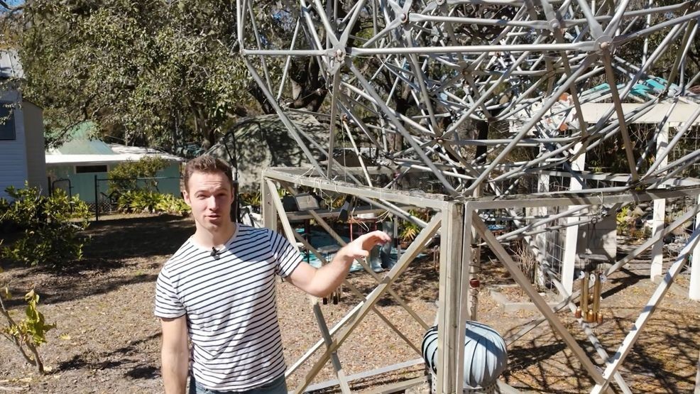Hunter stands in front of one of Leon Weisener's geodesic structures, which he created to pay homage to the time he spent earlier in life living in a dome in Tennessee. (Amazing America)