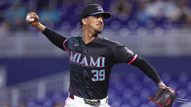 MIAMI, FLORIDA - MARCH 28: Eury Pérez #39 of the Miami Marlins pitches against the Colorado Rockies in the first inning of the game at loanDepot park on March 28, 2026 in Miami, Florida. (Photo by Megan Briggs/Getty Images)