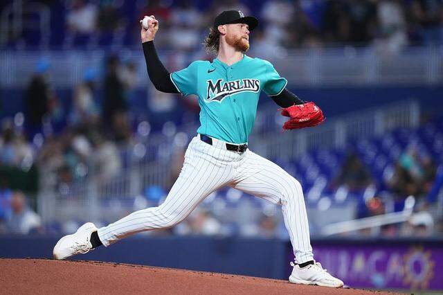MIAMI, FLORIDA - MARCH 29: Max Meyer #23 of the Miami Marlins throws a pitch against the Colorado Rockies /d1i at loanDepot park on March 29, 2026 in Miami, Florida. (Photo by Rich Storry/Getty Images)