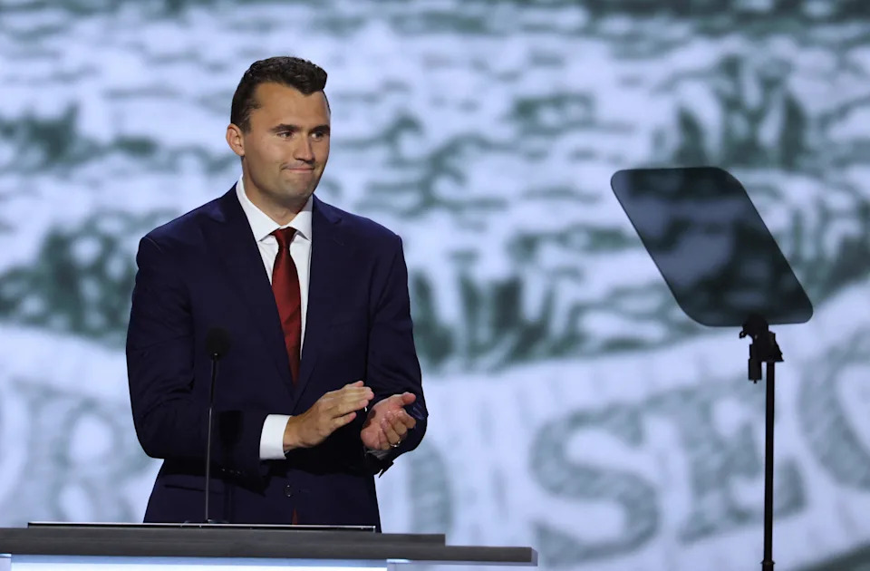 Charlie Kirk addresses the Republican National Convention in Milwaukee on July 15, 2024.