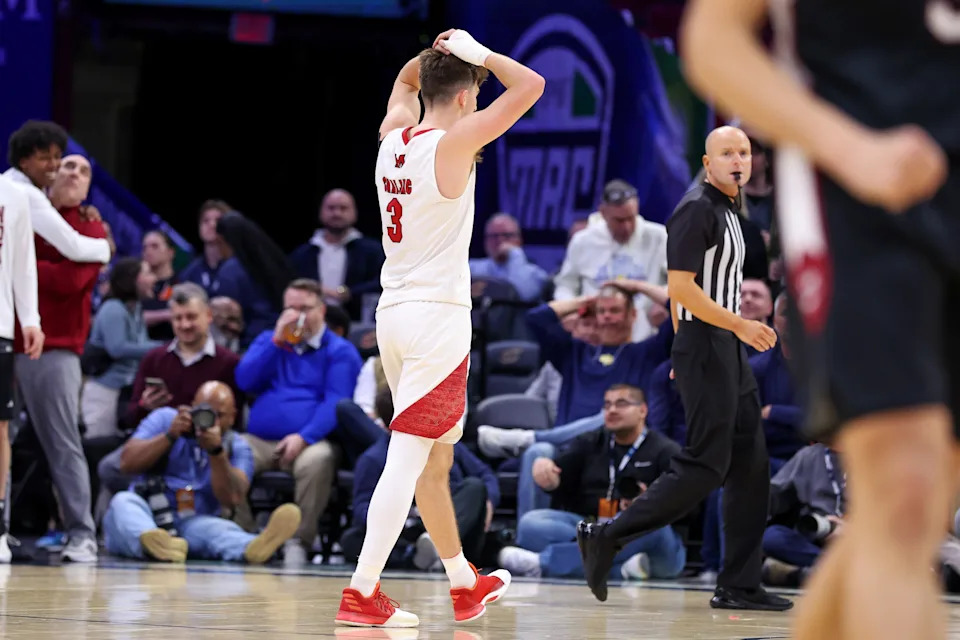 CLEVELAND, OH - MARCH 12: Miami (OH) RedHawks guard Luke Skaljac (3) reacts after committing a turnover during the second half of the MAC Men's Basketball Tournament Quarterfinal game between the Miami (OH) RedHawks and UMass Minutemen on March 12, 2026, at Rocket Arena in Cleveland, OH. (Photo by Frank Jansky/Icon Sportswire via Getty Images)