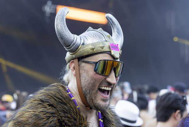 Chad Williams, from Miami, reacts as he attends Ultra Music Festival’s 26th anniversary at Bayfront Park on Saturday, March 28, 2026, in downtown Miami, Fla.