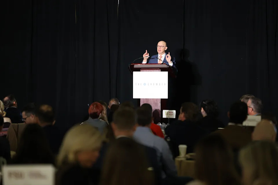 Michael Dalby, new president and CEO of the Tallahassee Chamber of Commerce, speaks during the organization's annual meeting on Jan. 15, 2026, at the Tucker Civic Center.