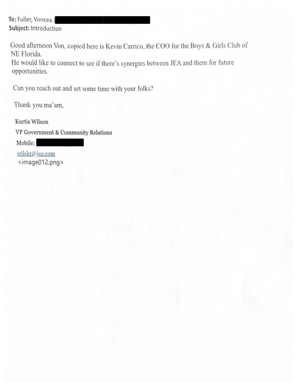 The emails show Carrico and former JEA chief of staff Kurt Wilson, who Carrico has publicly supported amid the JEA claims, had prior coordination related to community engagement efforts.