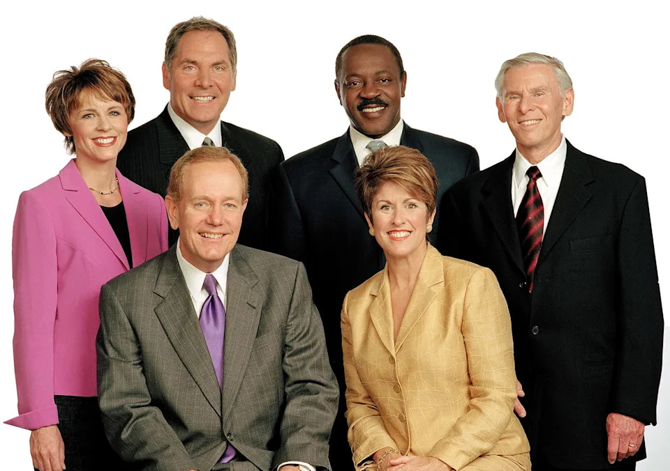 The WJXT Channel 4 news team in 2002: Mary Baer (back, left), Sam Kouvaris, Rob Sweeting and George Winterling; Tom Wills (front, left), Deborah Gianoulis.