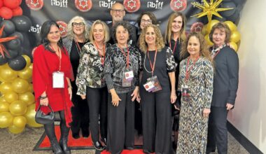 Members of the film festival committee at the Red-Carpet Opening Night event. Front row (L-R): Anat Mansour, Ellen Seigman, Loni Shelef, Cheryl Schwartz, Benette Gilbert and Arlene Lowitt. Back row (LR): Joni Higgins, Steve Schwersky, Linda Goldfarb and Roxana Levin.