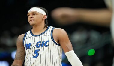 Orlando Magic's Paolo Banchero looks on during the first half of an NBA basketball game against the Milwaukee Bucks, Sunday, March 8, 2026, in Milwaukee. (AP Photo/Aaron Gash)