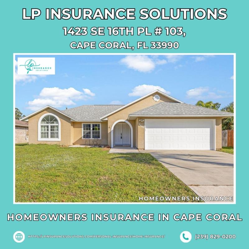 Homeowners insurance in Cape Coral, FL - LP Insurance Solutions. LP Insurance Solutions, located at 1423 SE 16th Pl #103, Cape Coral, FL 33990, specializes in homeowners insurance for Southwest Florida properties. Featuring a classic Cape Coral single-fam