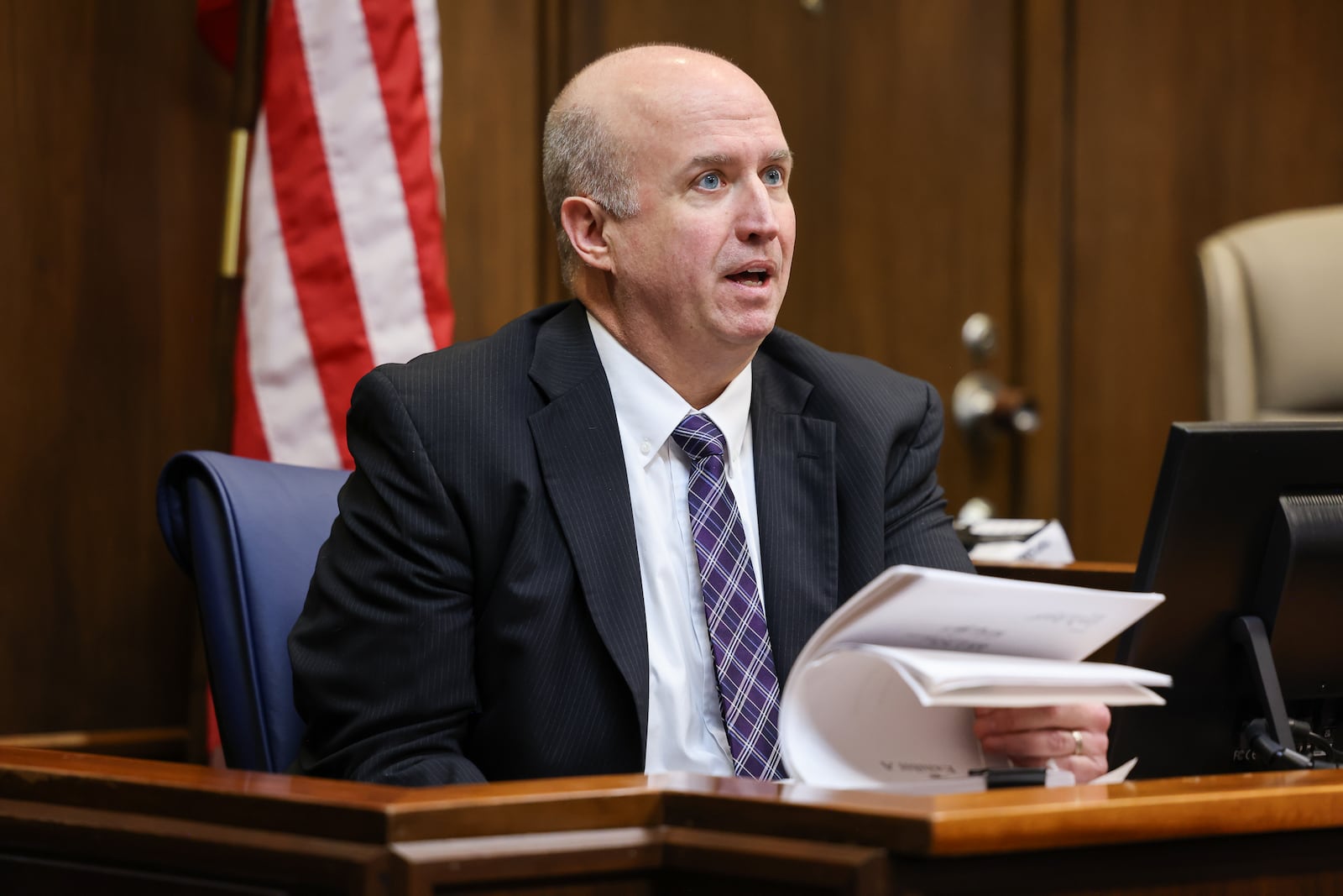 Miami Township Board of Trustees President Terry Posey Jr. answers a question while testifying during a trial of Twp. fiscal officer Robert Matthews on Monday, March 9 at Montgomery County Common Pleas Court. BRYANT BILLING / STAFF