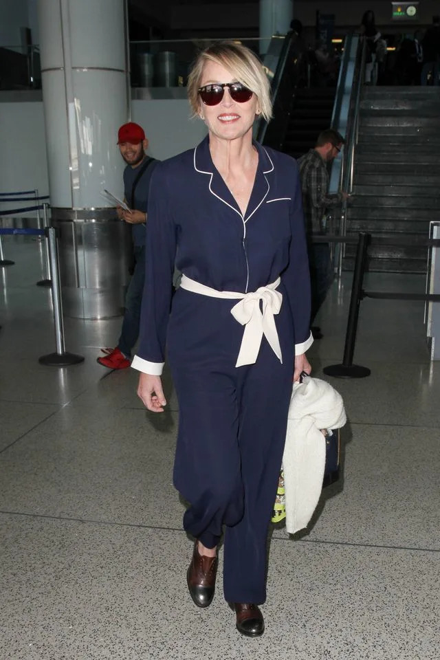 Sharon Stone in navy pajamas at LAXCredit: Getty