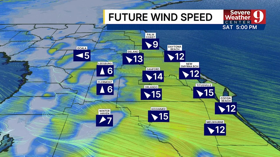 Possible rain and thunderstorms in central Florida this afternoon. Expect heavy rain, lightning, and wind gusts up to 35 mph