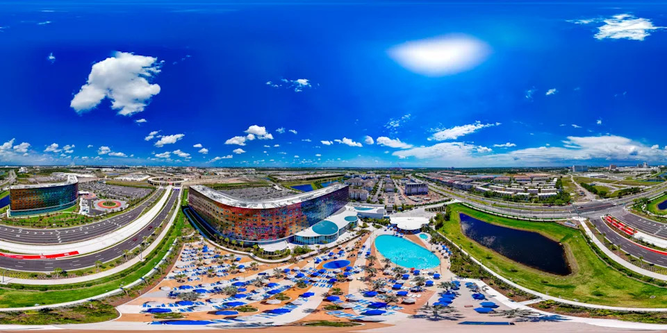 Orlando, FL, USA - April 7, 2025: Orlando aerial 360 photo Stella Luna and Terra Luna Resort Epic Universe Universal theme park