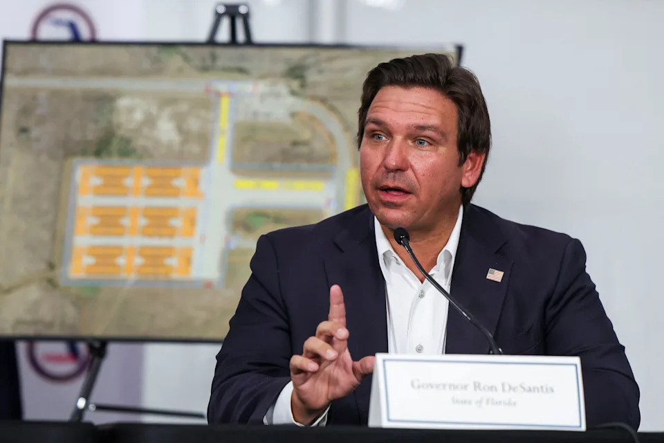 Florida Governor Ron DeSantis visits a temporary migrant detention center informally known as "Alligator Alcatraz" in Ochopee, Florida, U.S., July 1, 2025. REUTERS/Evelyn Hockstein