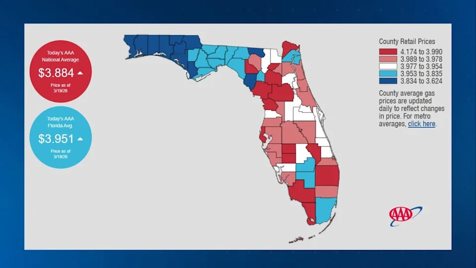 A look at gas prices in Florida as of March 19, 2026,, acc. to AAA.