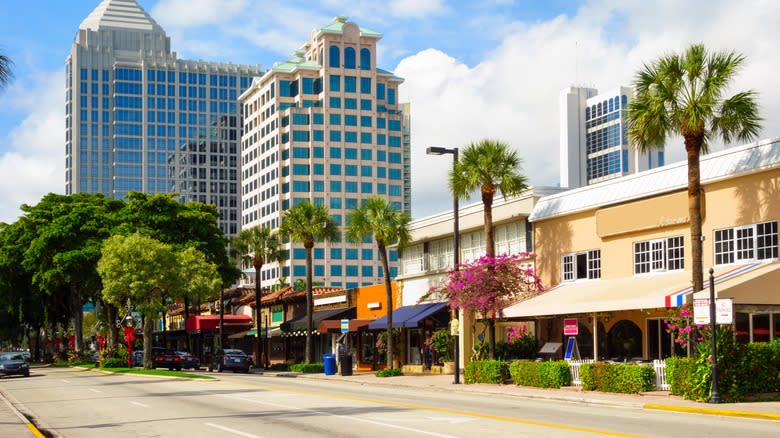 The strip by the riverwalk full of restaurants and shops